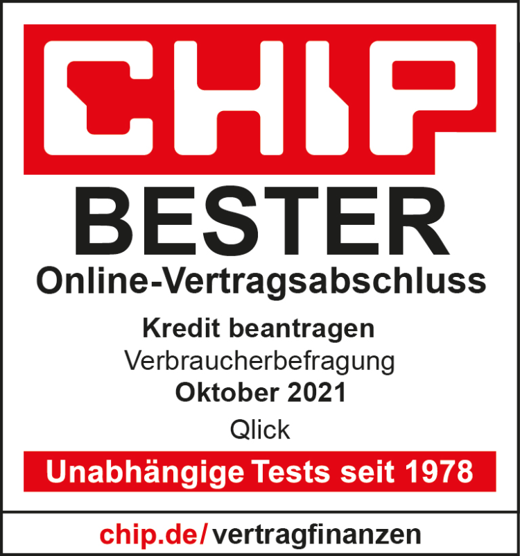 Auszeichnung von CHIP für Qlick als der beste Anbietern von Sofortkrediten in Deutschland (laut einer Verbraucherumfrage).